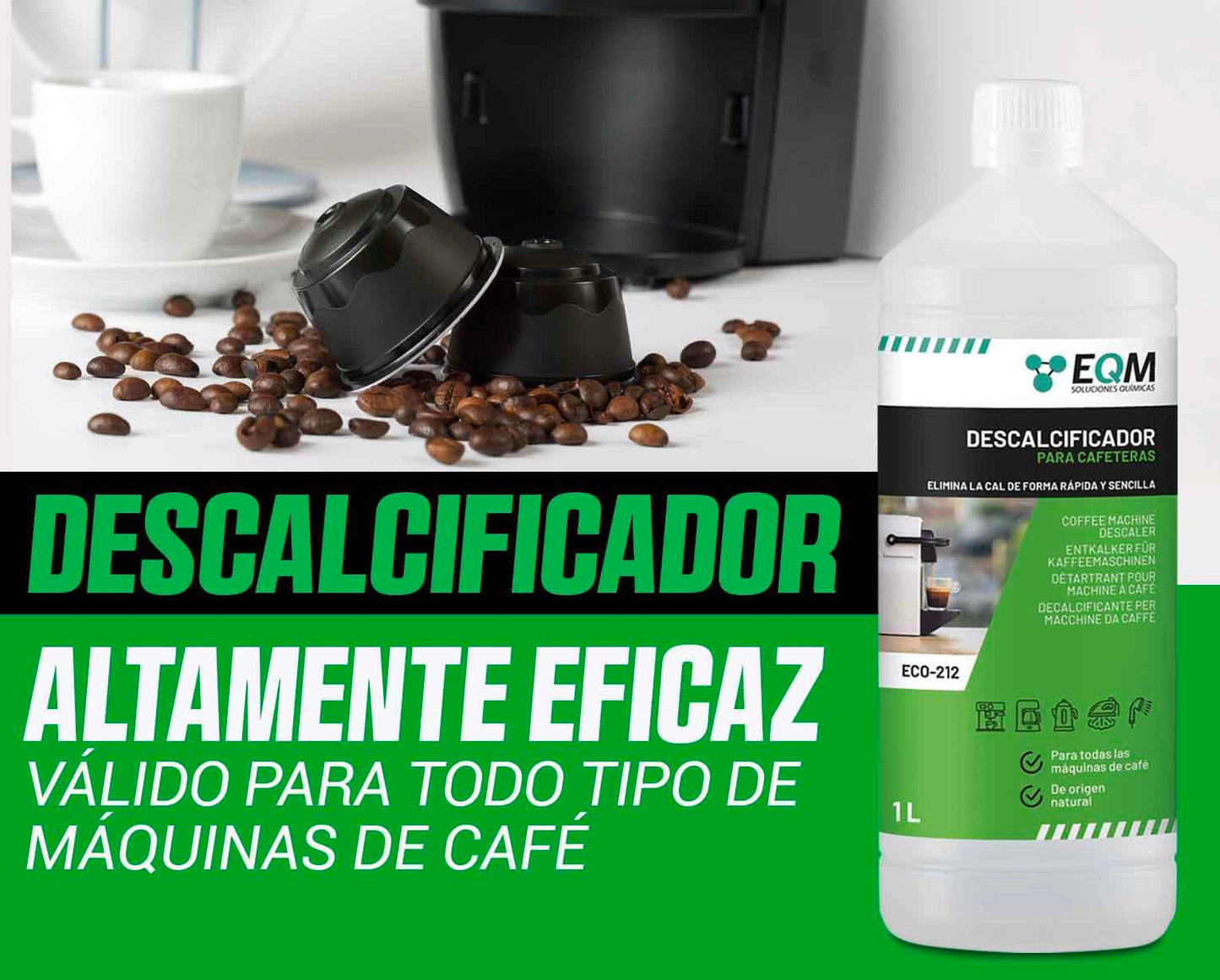 EQM - ECO- 212 - Descalcificador para Cafeteras - 1L - 100% Origen Natural - Compatible con todas las máquinas de café - Elimina la cal incrustada en cafeteras y aparatos del hogar