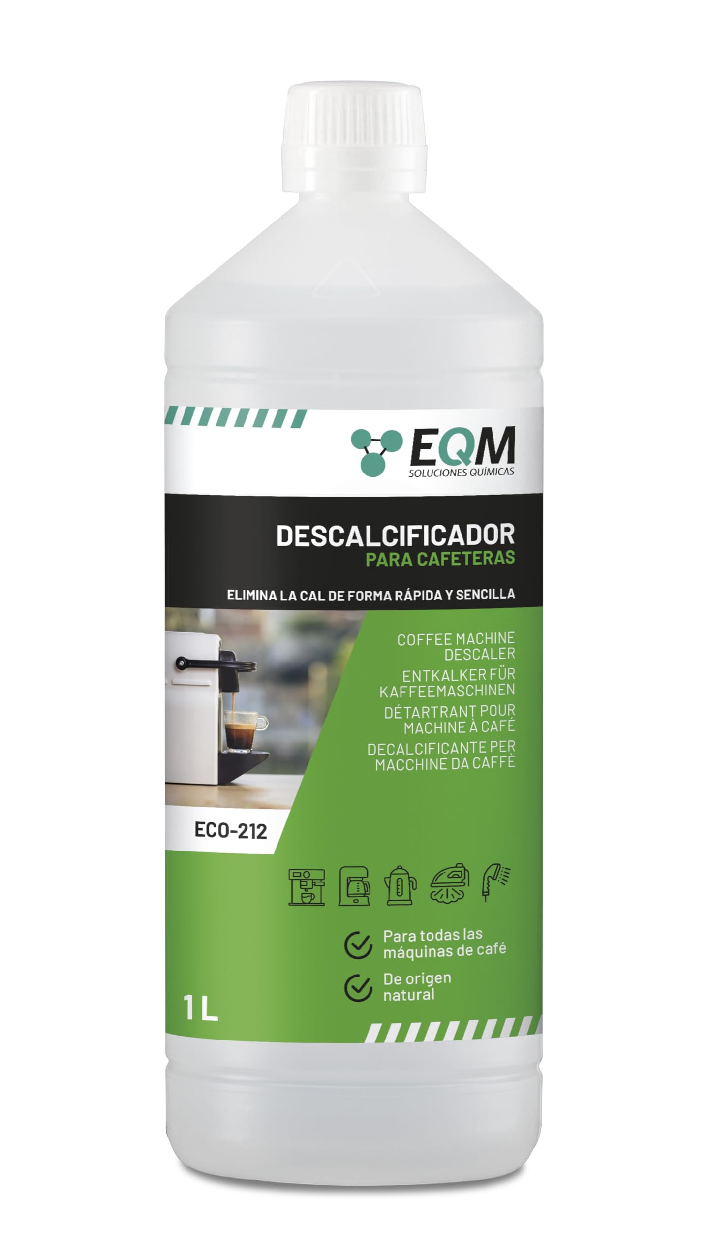 EQM - ECO- 212 - Descalcificador para Cafeteras - 1L - 100% Origen Natural - Compatible con todas las máquinas de café - Elimina la cal incrustada en cafeteras y aparatos del hogar