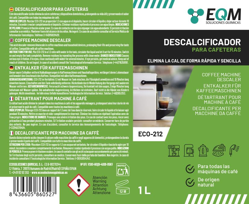 EQM - ECO- 212 - Descalcificador para Cafeteras - 1L - 100% Origen Natural - Compatible con todas las máquinas de café - Elimina la cal incrustada en cafeteras y aparatos del hogar