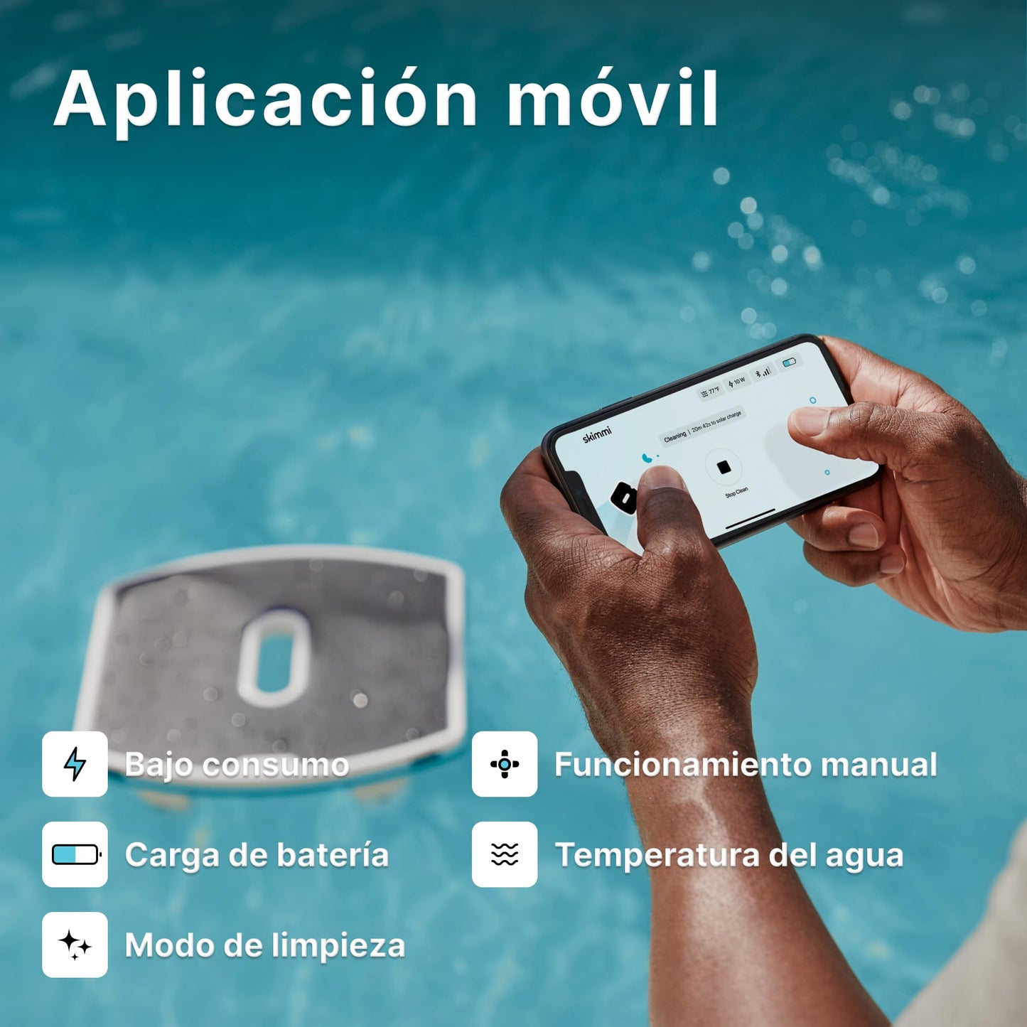 Dolphin Robot de Piscina Skimmi con conexión Bluetooth: Limpia la Superficie del Agua con sensores Inteligentes de Carga Solar – Skimmer Flotante