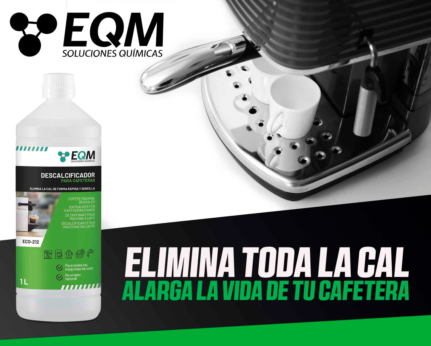 EQM - ECO- 212 - Descalcificador para Cafeteras - 1L - 100% Origen Natural - Compatible con todas las máquinas de café - Elimina la cal incrustada en cafeteras y aparatos del hogar