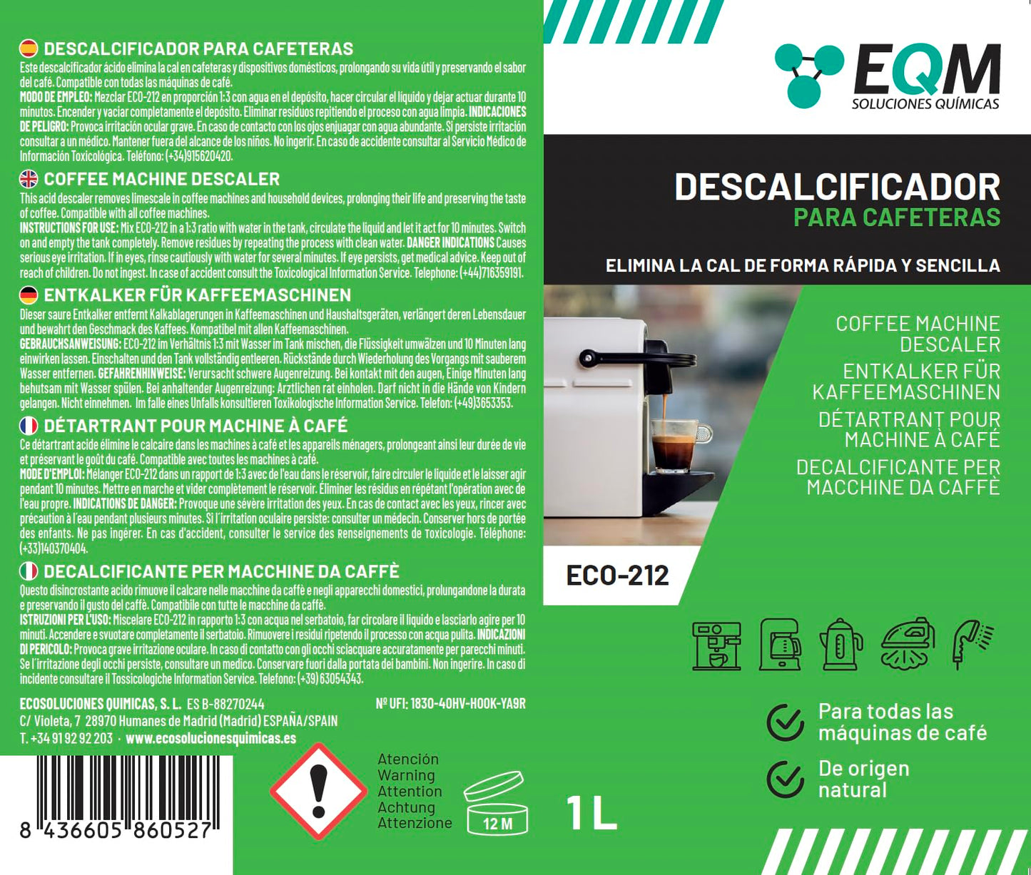 EQM - ECO- 212 - Descalcificador para Cafeteras - 1L - 100% Origen Natural - Compatible con todas las máquinas de café - Elimina la cal incrustada en cafeteras y aparatos del hogar