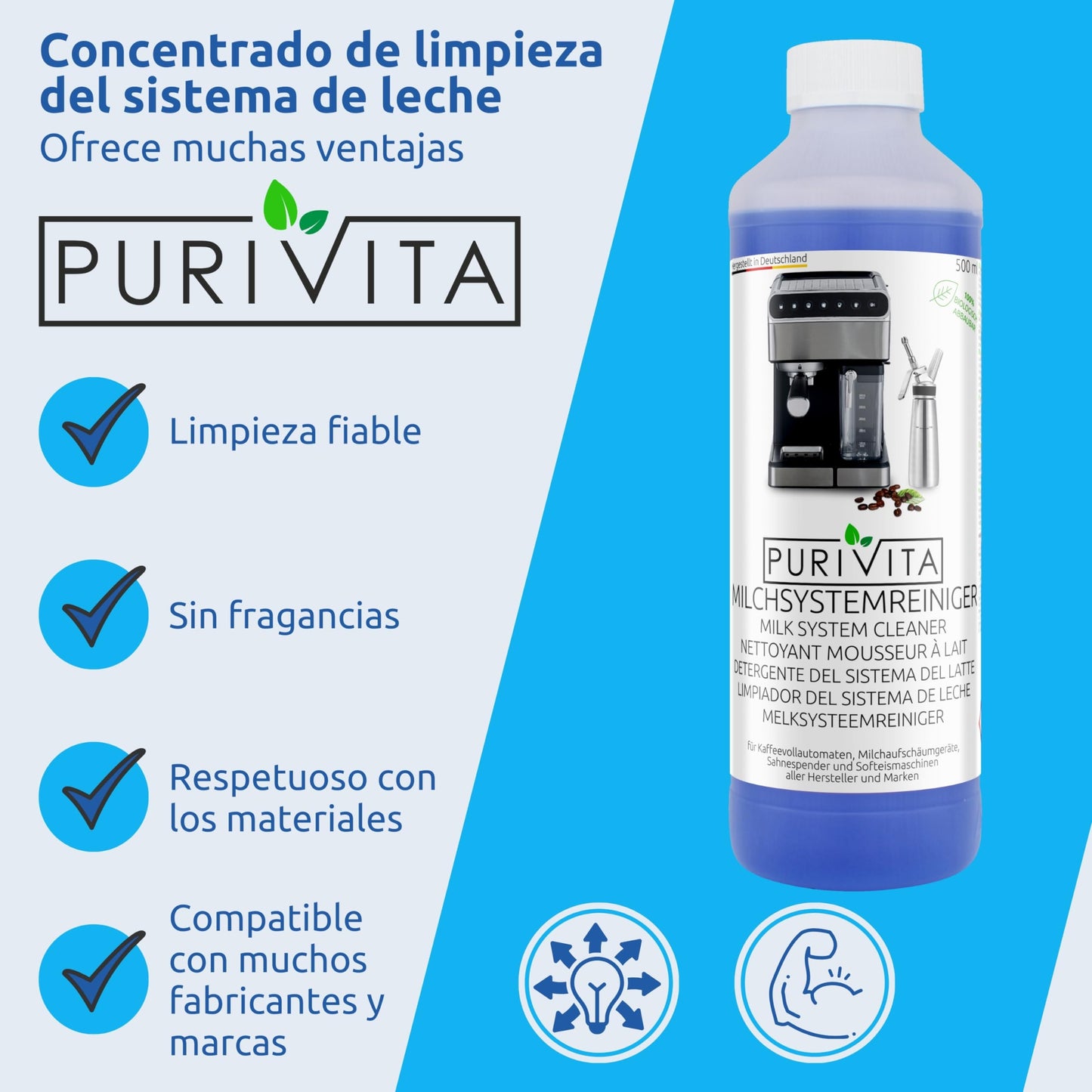PURIVITA® Limpiador Universal del Sistema de Espuma de Leche [500ML] - Liquido Descalcificador Cafetera - Apto para Todas las Cafeteras y Máquinas como De Longhi, Nespresso, Philipps & Krups - Antical