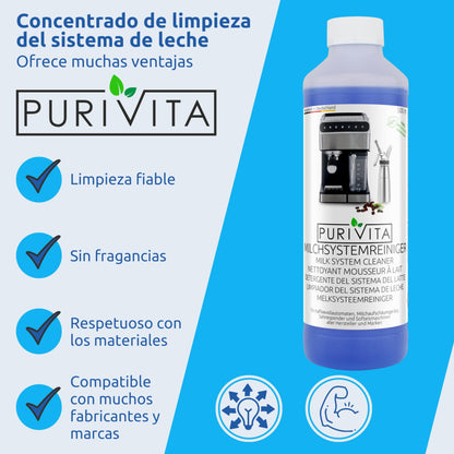 PURIVITA® Limpiador Universal del Sistema de Espuma de Leche [500ML] - Liquido Descalcificador Cafetera - Apto para Todas las Cafeteras y Máquinas como De Longhi, Nespresso, Philipps & Krups - Antical