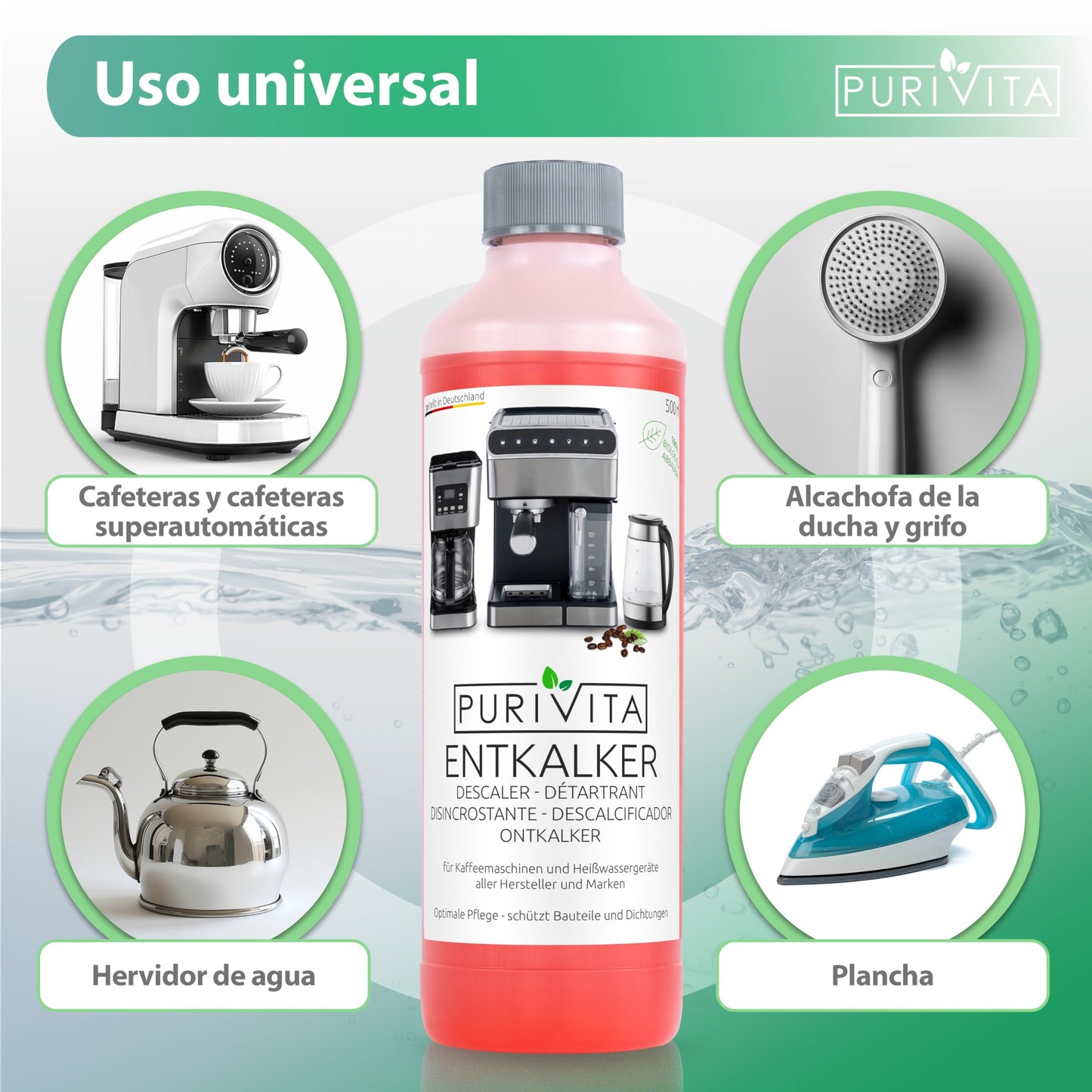 PURIVITA® Universal Descalcificador Cafetera [500ML] - Antical Limpieza Cafetera - Liquido Descalcificador Cafetera para Modelos Delonghi, Dolce Gusto, Nespresso, Philips & Mas - Limpiador Cafetera