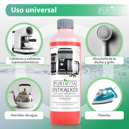 PURIVITA® Universal Descalcificador Cafetera [500ML] - Antical Limpieza Cafetera - Liquido Descalcificador Cafetera para Modelos Delonghi, Dolce Gusto, Nespresso, Philips & Mas - Limpiador Cafetera