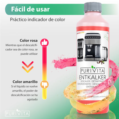 PURIVITA® Universal Descalcificador Cafetera [500ML] - Antical Limpieza Cafetera - Liquido Descalcificador Cafetera para Modelos Delonghi, Dolce Gusto, Nespresso, Philips & Mas - Limpiador Cafetera