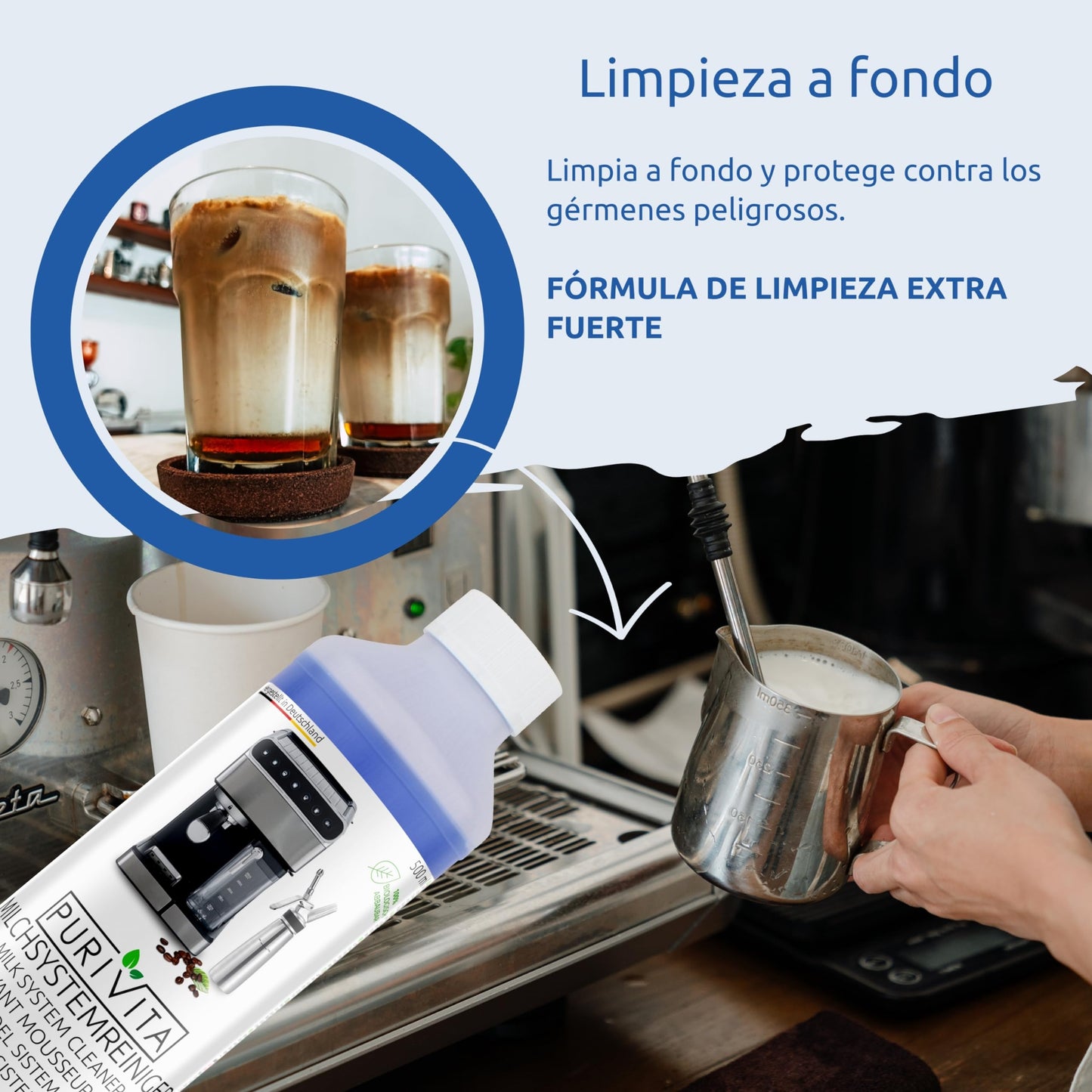 PURIVITA® Limpiador Universal del Sistema de Espuma de Leche [500ML] - Liquido Descalcificador Cafetera - Apto para Todas las Cafeteras y Máquinas como De Longhi, Nespresso, Philipps & Krups - Antical