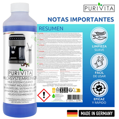 PURIVITA® Limpiador Universal del Sistema de Espuma de Leche [500ML] - Liquido Descalcificador Cafetera - Apto para Todas las Cafeteras y Máquinas como De Longhi, Nespresso, Philipps & Krups - Antical